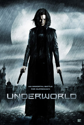 Celine from the Movie Underworld wearing a long leather trench coat