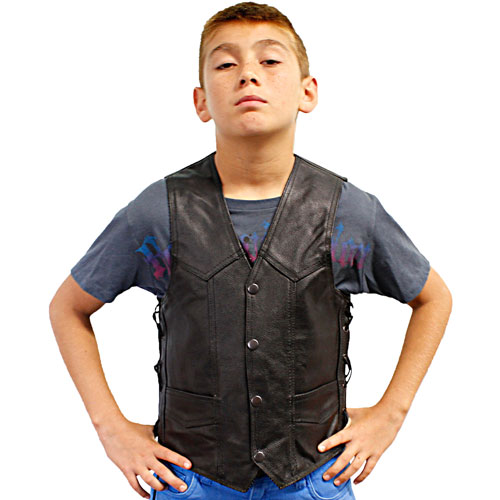 KV392 Kids Motorcycle Leather Biker Vest with Laces Larger View