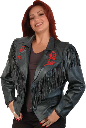 Janice Ladies Leather Button Jacket with Fringes and Rose Embelm Click Here for Large View