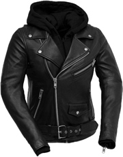 LB185 Women Classic Motorcycle Lambskin Jacket with Full Belt and Removable Hoodie