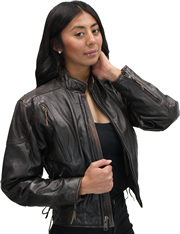 LC2000 Women's Motorcycle Brown Leather Jacket with Short Sport Snap Collar and Zipper Vents