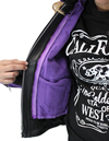 LC6555 Women's Motorcycle Leather Jacket with Removable Purple Hoodie, Purple Accesnts  Inside View