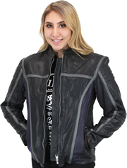 LC6802 Women's Motorcycle Leather Jacket with Purple and Grey Accents