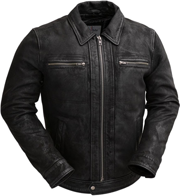 C2804 Naked Buffalo Distress Black Leather Jacket with Shirt Collar Larger View