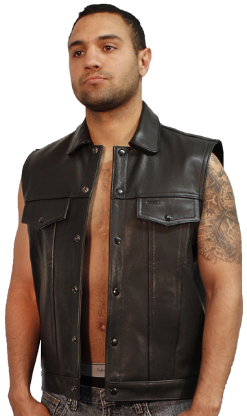 MV15 Anarchist Mens Leather Motorcycle Club Vest with Shirt Collar Jean Style Made in the USA Large View