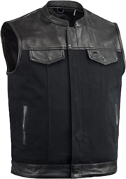V4951CV-Collar Mens Heavy Canvas and Premium Leather Trim Motorcycle Club Zipper Vest with Short Mandarin Collar