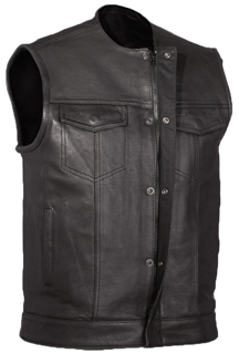 V639 Mens Leather Club Vest No Collar with Zipper